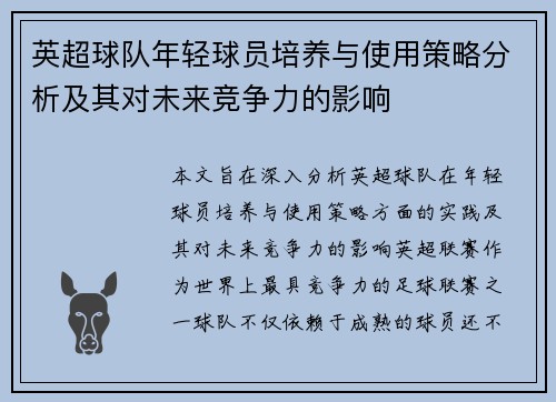 英超球队年轻球员培养与使用策略分析及其对未来竞争力的影响