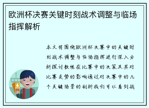 欧洲杯决赛关键时刻战术调整与临场指挥解析