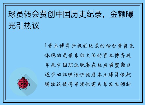 球员转会费创中国历史纪录，金额曝光引热议